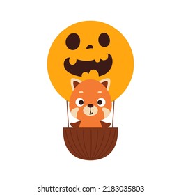Cute little red panda flying on Halloween hot air balloon. Cartoon animal character for kids t-shirts, nursery decoration, baby shower, greeting card, invitation. Vector stock illustration