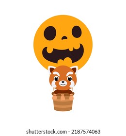 Cute little red panda flying on Halloween hot air balloon. Cartoon animal character for kids t-shirts, nursery decoration, baby shower, greeting card, invitation. Vector stock illustration