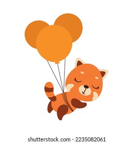 Cute little red panda flying on balloons. Cartoon animal character for kids t-shirts, nursery decoration, baby shower, greeting card, invitation, house interior. Vector stock illustration