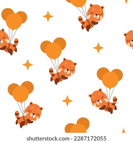 Cute little red panda flying on balloons seamless childish pattern. Funny cartoon animal character for fabric, wrapping, textile, wallpaper, apparel. Vector illustration