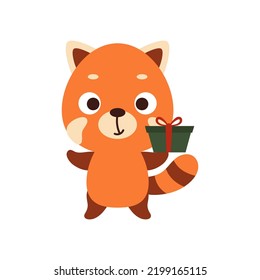 Cute little red panda with gift box on white background. Cartoon animal character for kid t-shirt, nursery decoration, baby shower, greeting card, invitation, house interior. Vector stock illustration