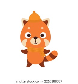 Cute little red panda in hat and scarf. Cartoon animal character for kids t-shirts, nursery decoration, baby shower, greeting card, invitation, house interior. Vector stock illustration