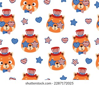 Pequeña cabeza de panda roja en el patrón patriótico de los Estados Unidos sin fisuras infantil. Caricatura divertida de carácter animal para tela, envoltura, textil, papel pintado, vestimenta. Ilustración del vector