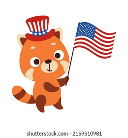Cute little red panda holding flag of United States in patriotic hat. Cartoon animal character for kids t-shirt, decoration, baby shower, greeting card, house interior. Vector stock illustration