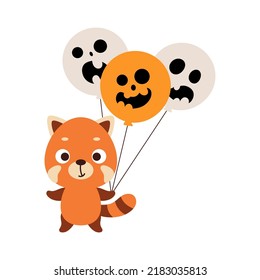 Cute little red panda holding Halloween balloons. Cartoon animal character for kids t-shirts, nursery decoration, baby shower, greeting card, invitation. Vector stock illustration