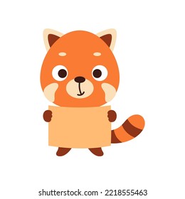 Cute little red panda holding paper sheet on white background. Cartoon animal character for kids t-shirt, nursery decoration, baby shower, greeting card, house interior. Vector stock illustration