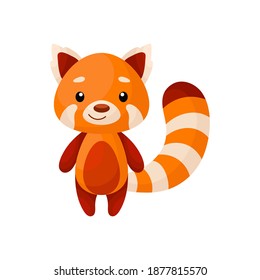 Cute little red panda on white background. Cartoon animal character for kids cards, baby shower, posters, b-day invitation, clothes. Bright colored childish vector illustration in ecartoon style.