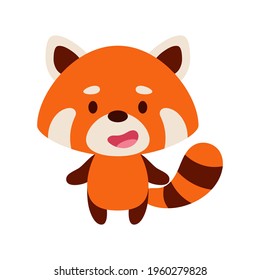 Cute little red panda on white background. Cartoon animal character for kids cards, baby shower, birthday invitation, house interior. Bright colored childish vector illustration.