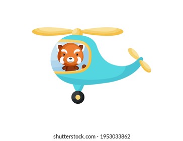 Cute little red panda pilot in turquoise helicopter. Cartoon character for childrens book, album, baby shower, greeting card, party invitation, house interior. Vector stock illustration.