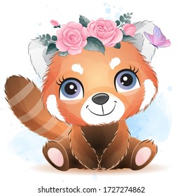 Cute little red panda portrait with watercolor effect