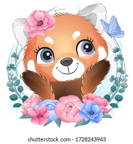 Cute little red panda portrait with floral