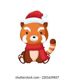 Cute little red panda sitting in a Santa hat and red scarf. Cartoon animal character for kids t-shirts, nursery decoration, baby shower, greeting card, invitation. Isolated vector stock illustration