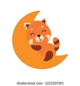 Cute little red panda sleeping on moon. Cartoon animal character for kids t-shirt, nursery decoration, baby shower, greeting cards, invitations, house interior. Vector stock illustration