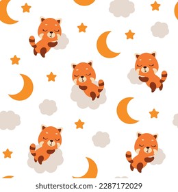 Cute little red panda sleeping on cloud seamless childish pattern. Funny cartoon animal character for fabric, wrapping, textile, wallpaper, apparel. Vector illustration