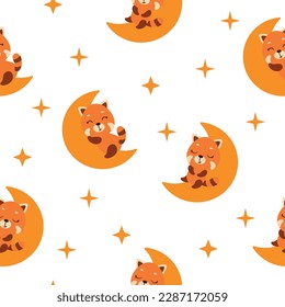 Cute little red panda sleeping on moon seamless childish pattern. Funny cartoon animal character for fabric, wrapping, textile, wallpaper, apparel. Vector illustration