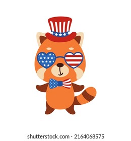 Cute little red panda in USA patriotic hat and glasses. Cartoon animal character for kids t-shirt, decoration, baby shower, greeting card, invitation, house interior. Vector stock illustration