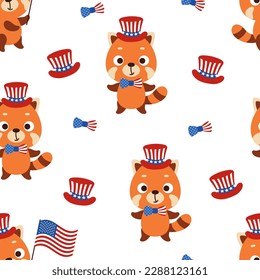 Cute little red panda in USA patriotic hat seamless childish pattern. Funny cartoon animal character for fabric, wrapping, textile, wallpaper, apparel. Vector illustration