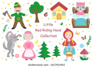 Pequeños objetos de conjunto de Caperucita Roja. Elemento de diseño de colección con una chica guapa y su abuela, lobo, carpintero y árboles. Niño clip de arte de niño personaje gracioso sonriente. Ilustración vectorial 