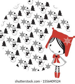 Cute little red riding hood illustration with winter concept, snow flakes and snowman