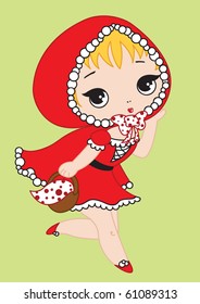 Cute Little Red Riding Hood runs with punnet.