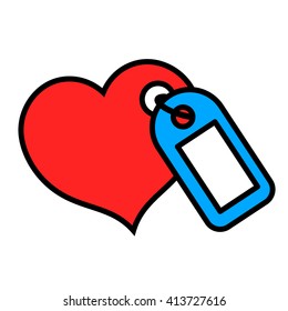 Cute little red symbolic heart icon with blank blue hang tag over isolated white background