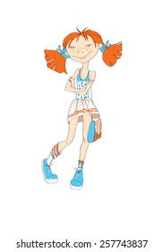 Cute little red-haired girl on a white background in the summer. Vector illustration