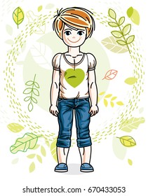 Cute little red-haired girl standing on background of spring landscape and wearing stylish casual clothes. Vector human illustration.