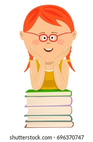 Cute little red-haired nerd girl with glasses leans on stack of books over white background