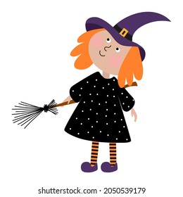 Cute little red-haired witch with a broom. Vector illustration in a flat style. Halloween.