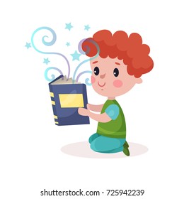 Cute little redhead boy reading fairytale book, kids imagination concept colorful cartoon vector Illustration