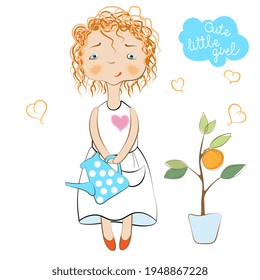 Cute little redhead curly girl in white dress holding watering can. Cartoon style. Vector illustration.
