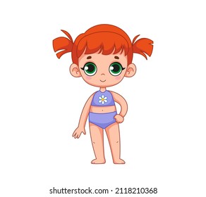 Cute little redhead girl in a bathing suit. Children's illustration of a child. Vector illustration in cartoon childish style. Isolated funny clipart. Cute baby print on vacation at the beach