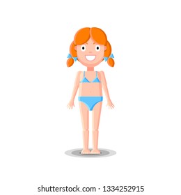 Cute little redhead girl character in blue bikini swimwear or regular underwear is standing on white background.