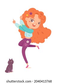 Cute little redhead girl dancing singing song having fun and positive emotion vector flat cartoon illustration. Happy female kid performing dance listening music with adorable gray cat isolated