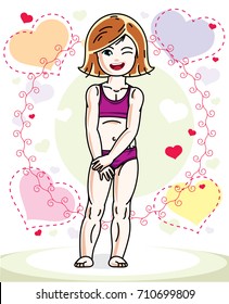 Cute little redhead girl in fashionable casual clothes standing on colorful backdrop with hearts. Vector human illustration.