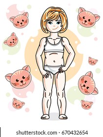 Cute little redhead girl in underwear standing on background with cats. Vector human illustration.