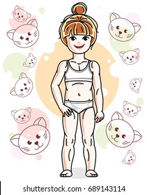 Cute little redhead girl in underwear standing on background with cats. Vector human illustration.