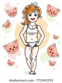 Cute little redhead girl in underwear standing on background with cats. Vector human illustration.