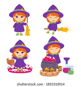 Cute little redhead witch with broom, hat, book of spells, magic wand and pot. The sorceress is brewing potions. Set of elements for Halloween. Vector illustration isolated on white background.