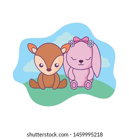 cute little reindeer with bunny baby in landscape