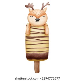 Cute little reindeer on chocolate vanilla popsicle or ice cream. Watercolor vector illustration design. Summer and tasty concept.