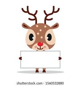 cute little reindeer with red nose holding blank card card to lettering. vector illustration