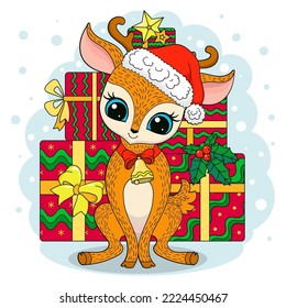 Cute little reindeer in Santa's hat and gifts.Winter, Christmas and New Year theme. For the design of prints, posters, postcards, stickers, etc. Vector