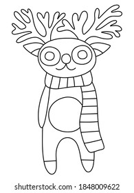 Cute little reindeer with scarf coloring page for kids and adults vector. Winter holidays children activity book page. Reindeer with scard and big horns funny black outline deer isolated on white