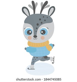 A cute little reindeer is skating on ice. White background. Christmas isolated children illustration. Funny animal. Winter cartoon character for print, nursery design, sticker, baby clothes. Vector