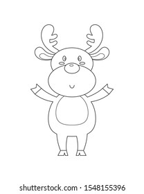 Cute little reindeer vector illustration isolated on white background. Christmas Reindeer vector cartoon colorless for coloring page. 