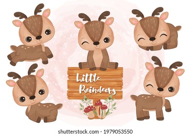 Cute little reindeers in set in watercolor illustration