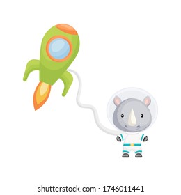 Cute little rhino astronauts flying in open space. Graphic element for childrens book, album, scrapbook, postcard, invitation. Flat vector stock illustration isolated on white background.