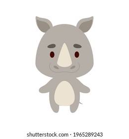 Cute little rhino on white background. Cartoon animal character for kids cards, baby shower, birthday invitation, house interior. Bright colored childish vector illustration.