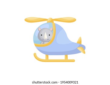 Cute little rhino pilot in blue helicopter. Cartoon character for childrens book, album, baby shower, greeting card, party invitation, house interior. Vector stock illustration.